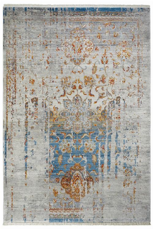 Bild: Fransenteppich in Vintage Ornament Optik (Blau; 160 x 230 cm)