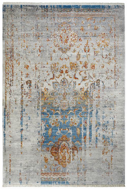Bild: Fransenteppich in Vintage Ornament Optik (Blau; 200 x 285 cm)